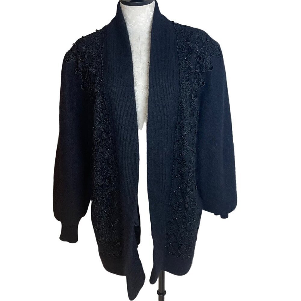 Gizel Vintage Womens Jacket Size L Black Lined Beaded Applique Lace Cardigan
